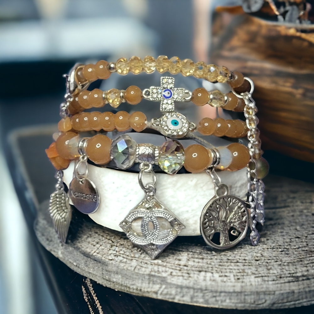 Brown CC Crystal Charmed Bracelets Set